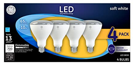 GE Lighting LED Indoor Floodlight Bulbs, 10 Watt (65 Watt Equivalent) Soft White, BR30 Bulb Type, Medium Base, Dimmable (4 Pack)