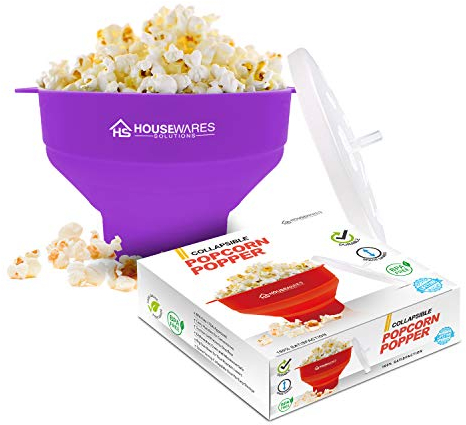 Collapsible Silicone Microwave Hot Air Popcorn Popper Bowl With Lid and Handles (Purple)