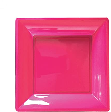 Plato de plástico Fushia – Juego de 36 platos de color fucsia brillante, lavable en frío, platos cuadrados de 24 x 24 cm, plástico duro