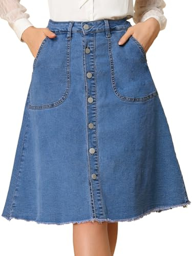 Allegra K Women's Denim Skirts Raw Hem Button Down Midi Jeans Skirt, Blue, L
