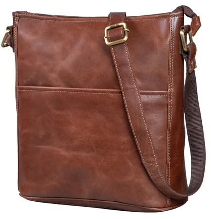 LEABAGS Leder Handtasche Damen I Premium Echtleder Umhängetasche I Damen Schultertasche I Damentasche I Tragetasche für Arbeit Uni Schule Freizeit I Größe M (24 x 23 x 6 cm) I Vintage Cognac