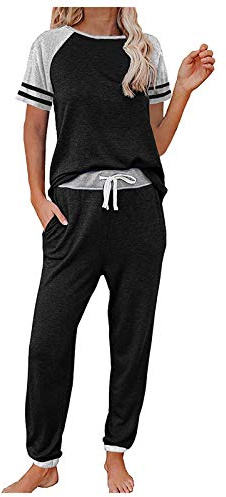 IQYU Conjunto de chándal para mujer, de algodón, para el tiempo libre, de verano, de manga corta, con cordón, traje deportivo largo, de 2 piezas, ropa deportiva, traje de yoga