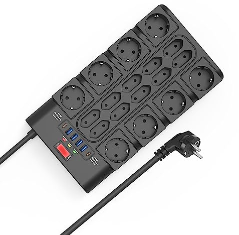 18 Fach Steckdosenleiste 3680W/16A mit 2100J Überspannungsschutz +2M Kabel, BEVA Mehrfachsteckdose mit 2 USB-C (15W)+ 4 USB-A, Mehrfachstecker mit Schalter, Steckdose für Büro, zu Hause