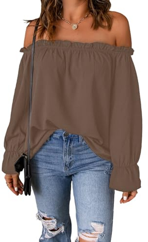 Spriolim Women's Off Shoulder Top Long Sleeve Ruffle Shirt Fashion Cute Casual Chiffon Blouses Brown, Large