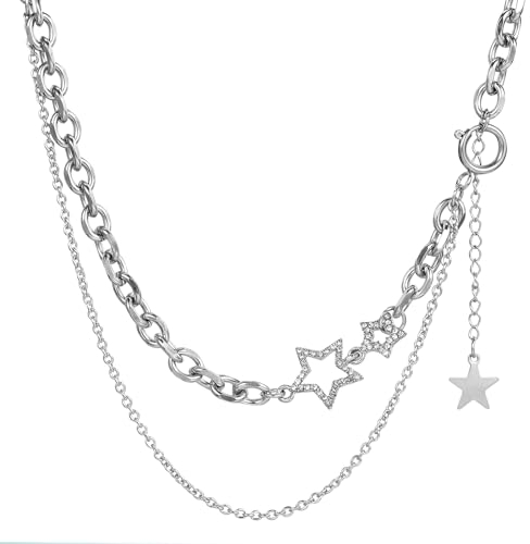 Moguri Doppellagige, gestapelte, klobige Halskette für Frauen, Teenager, Mädchen, Y2K Stern Statement Halsketten, Silber, Punk, asymmetrische Diamant-Halskette, Schmuck