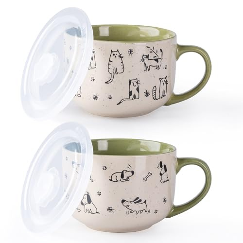 AmorArc 32 Ounces Ceramic Soup Mugs with Lids and Handle, Stoneware Bowls Cup Set of 2 for Soup, Stew, Noodle, Beautiful Mug Bowls With Lovely Dog,Cat Patterns, Microwave&Dishwasher Safe, Olive
