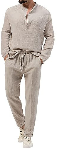 Duohropke Completo da uomo in lino a due pezzi estivo, abbigliamento casual Cotone lino Manica lunga Henley Shirt + Pantaloni 2 pezzi Completo da spiaggia Completo da allenamento Set di pantaloni