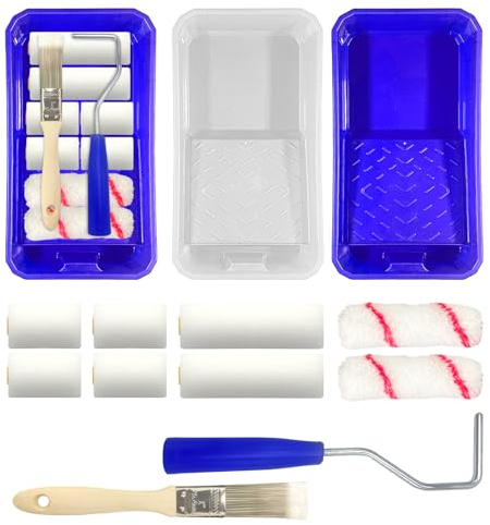 12 Piezas Rodillo Pintura Pequeño, Mini Rodillos de Espuma Kit Rodillo Pintura Multifunción con Pincel, Marco de Rodillo, Bandeja y Revestimiento para Pintar Paredes y Techos