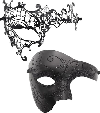 OIDEA Venetiansk maskerad mask för par: 2 stycken svarta halvmasker ögonmask för kvinnor män för bollfest fest fest maskerad kostym halloween masker metallmask karnelvalsmask
