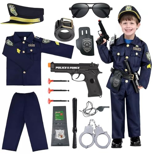 Hengrongshen Disfraz Policia Niño con Esposas Juguete Niños, Funda de Pistola, Silbato, Placa y Otros Accesorios de Juguete, Policia Disfraz Lujo para Halloween de Cosplay (2-4 años)