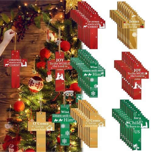 48 Pcs Wooden Cross Decorations - Christian Nativity Scene Ornaments, Cross Christmas Religious Decorations for Tree, Wall, Gift