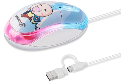 Wired Mouse, Cute Cartoon 2-in-1 USB-A/USB-C Wired Mouse with 7-Color Breathing LED, 1000 DPI Silent Click Optical Mouse for iMac MacBook Laptop Phone Tablet (Windows/Mac/Android/iOS, 1.5M Cable)