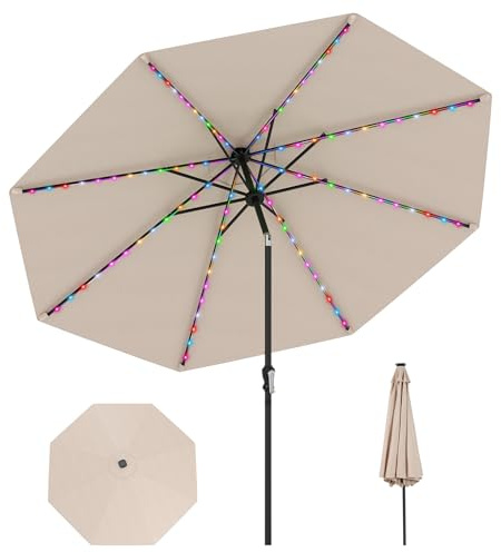 COSTWAY 2.9m Garden Parasol, 96 Solar Powered LED Lights Patio Umbrella with Tilt, Crank Handle & Vented Top, 8 Ribs UV Protective Outdoor Table Sun Shade for Market Yard Pool (Beige)