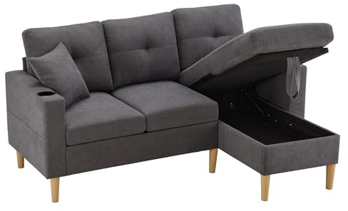 Azkoeesy Divano 3 posti con contenitore, larghezza 175 cm, divano angolare a L, chaise longue, con 2 portabicchieri, 2 cuscini. Per ufficio e soggiorno, grigio