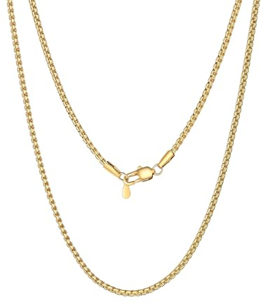 PROSTEEL Mens Necklace Chain Stylish Flat Box Chain Link 2mm Gold Plated 20 inch, Hypoallergenic 316L Stainless Steel Jewellery (with Gift Box)
