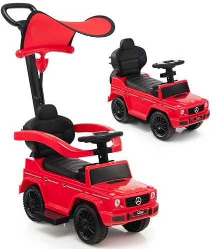 GOPLUS 3 en 1 Porteur Enfant Mercedes Benz, Voiture à Pousser avec Poignée Auvent Réglable, Garde-Corps, Klaxon, Bruit de Moteur, Rangement, Poussette Jouet pour Bébé 1-3 Ans,Charge 25KG (Rouge)