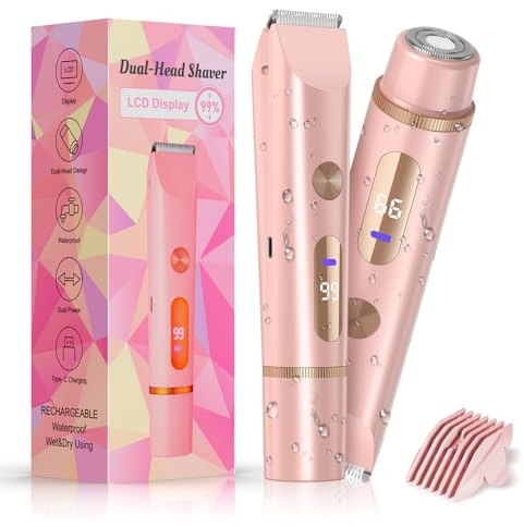 Bikini Trimmer for Women Electric Razors for Women Women's Electric Razor 2 in 1 Shaver Pubic Hair Trimmer Ipx7 Waterproof Wet Dry Use Bikini Shaver for Ladies Pubic, Legs, Face, Underarms (Pink)