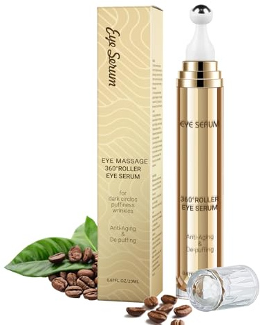 Caffeine Eye Serum with Hyaluronic Acid for Dark Circles and Puffiness, Anti Aging Under Eye Cream with 360° Massage Ball to Reduce Eye Bags and Fine Lines (20ML)