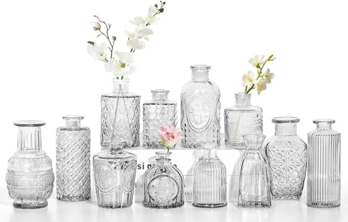 12 stycken, små glasvaser, vintagestil med strukturell mönstring, för blommor och heminredning (klar, 12 stycken)