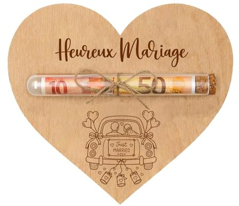 AHEZQILU Carte Mariage Félicitation Pour Jeunes Mariés – Porte Argent Original En Bois Avec Tube En Verre – Cœur Gravé Heureux Mariage – Cadeau Couple, Cérémonie, Anniversaire