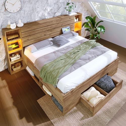 Yihomfy Lit Double Coffre 180x200 cm en Bois Massif avec LED, USB-C, Tiroirs de Rangement, Sommier à Lattes en Bois pour 2 Personnes, Chambre Confortable et Design