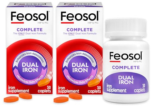 Feosol Complete Iron Supplement Caplets, Bifera Iron for High Absorption, Heme and Non-Heme Dual Action Minimizes Side Effects, 1 Per Day, Energy and Immune System Support, Pack of 2, Total 60 Count