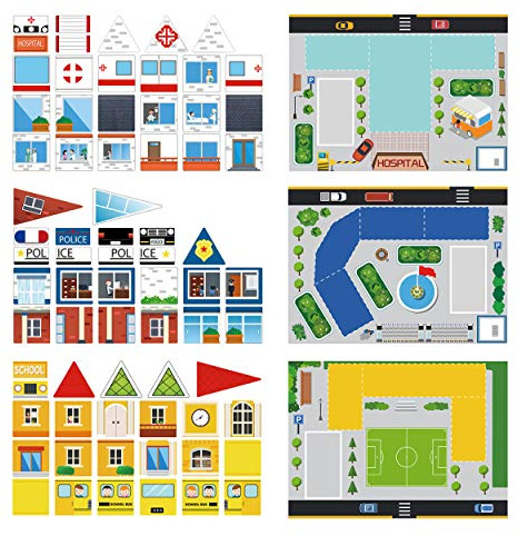 PicassoTiles 80pc School, Hospital, Police Station 3-in-1 Theme Magnet Self Adhesive Backing Stick-On Puzzle Graphic Kit and Overlay Maps for Magnetic Building Blocks STEM Learning Construction Toy