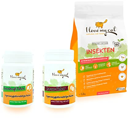 I Love My Cat Sparset für ernährungssensible Katzen – Getreidefreies Trockenfutter mit Insekten 1,2 kg, Ergänzungsfuttermittel Immun Pulver 35 g & Nierenkraft Pulver 35 g
