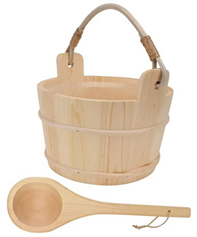 STOBAZA Sauna Holzeimer Satz Mit Holzkelle Weißkiefer Kunststoffeinsatz Großes Fassungsvermögen Griff Saunazubehör Für Sauna Bad Spa Dusche