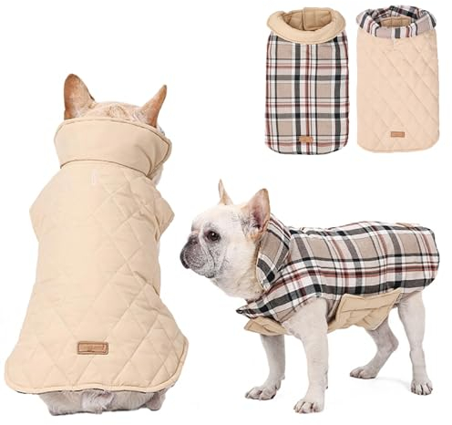 RUYICZB Hundemantel Winter, Wasserdichte Warme Jacke Für Kleine Mittlere Große Hunde, Outdoor Mit Geschirr Loch Karierte Wendejacke, Beige, L
