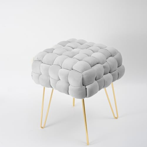 Zedelmaier Moderner Velvet Kosmetik Hocker, Quadratisch Ottoman-Fußhockermit Silbernen Metallbeinen, Gepolsterte Sitzhocker,Strick Samt Hocker (Grau, 38x38x41.5cm)