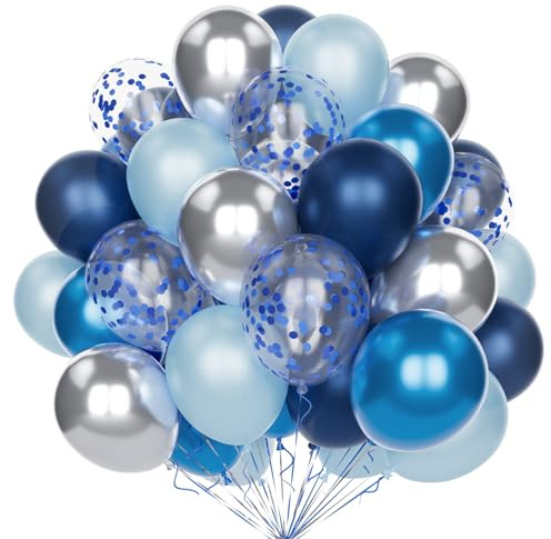 Palloncini Feste Blu Argento, 60 Pezzi 12 Pollici Blu Scuro Perlato Azzurro Metallizzato Blu Argento Palloncini con Coriandoli Palloncini per Compleanno Matrimonio Baby Shower Decorazione Anniversario