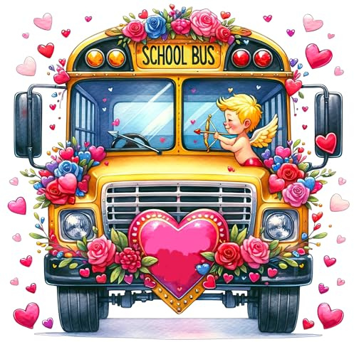 School Bus Valentine Sublimation Transfer Ready to Press, Bus Driver Gift, Bus Garage, School District, Cupid Bus, Love Hearts Bus Driver (Adult x1-8.5+)