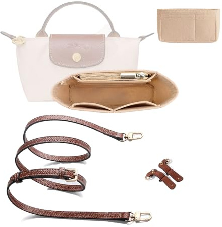 Handväska organiseringsinsats och rem för Longchamp Mini, vikbar filt med flera fickor organiseringsinsats, hålfri justerbar spännrem, liten tygväska organiserare och rem för Longchamp (beige och