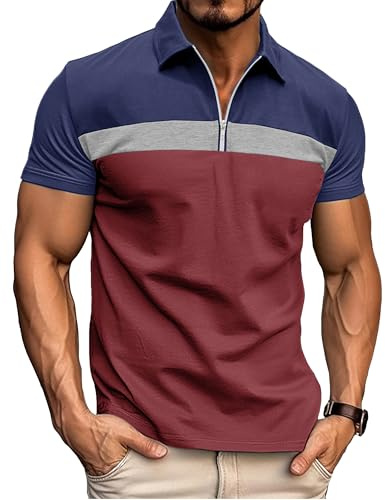 Ryehack Men's 1/4 Zip Polo Shirt Short Sleeve, Raglan & Contrast Design - Casual & Golf T-Shirt, Blue+Red, L