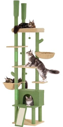 Aechonow katzenbaum Deckenhoch XXL, höhenverstellbarer Katzenbaum XXL (220–274 cm) mit Sisal, Hängematte, Liegeflächen & Höhle, Stabiler Kletterturm für große Katzen im Innenbereich, Kaktus Grün