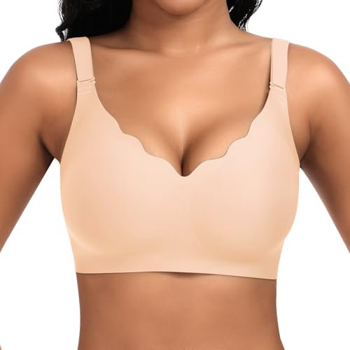 Cavotor Non Wired Bras for Women Seamless Support Wireless Bra for Large Breasts Comfort Soft Bras Ladies T Shirt Bralettes with Extra Extender (Unpatterned Beige,XL)
