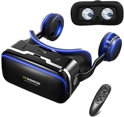 VR Headset für Telefon mit Kopfhörern und Controller, 3D Virtual Reality Brille/Brille mit blauem Licht Viewer für Filme und Videospiele, Unterstützung 4.7-7.2 Bildschirm Smartphone