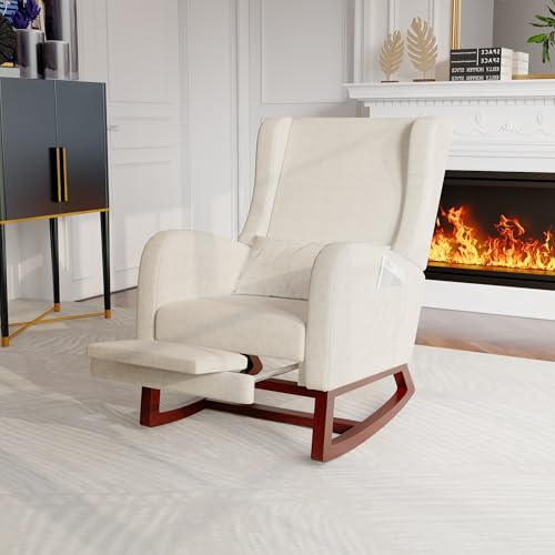 Silla mecedora de lactancia con reposapiés extraíble y reposacabezas, Rocking Chair de terciopelo con 2 bolsillos laterales, para dormitorio y salón (Beige-1, CXHLXYR)