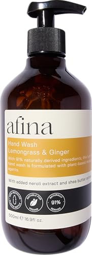 Afina Lemongrass & Ginger Luxury Hand Wash - 500ml Hand Soap Bottle - Lemon, Bergamot & Ginger Notes with a Deep Base of Musk, Cedarwood & Heliotrope - Vegan Friendly Handwash - UK Produced