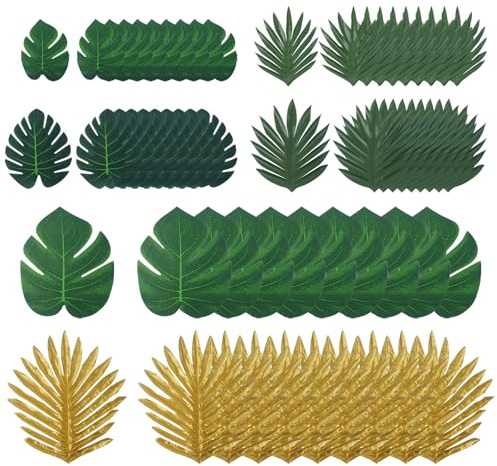 BuxiuGK 60 Piezas Hojas de Palma Artificiales,6 Tipos Decorativas Falso Plantas de Monstera para Luau Fiestas Hawaiano DecoracióN De Playa Planta Jungle,Oro/Verde