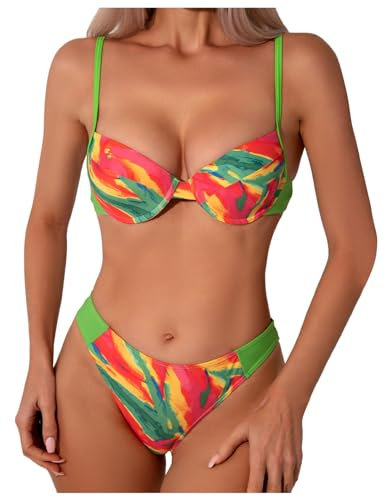 Generisch 2025 - Fashion Padded Women's Bikini Set with Underwire Cups Removable Padding Bikini Top Women's Cup E, Green, L
