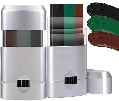 Camouflage Face Paint Stick, 3-Colour Black, Green And Brown Twist-Up | Direct-Application, Blendable Camo Make-Up, Compact Casing With Cap, For Paintball, Outdoor Activities, Cosplay And Costumes