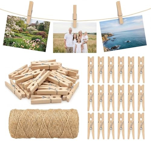 ABSOFINE 100 Pcs Mini Wooden Pegs 328 Feet & 3.5cm Twine String 3-Ply | Mini Pegs for Photos, Craft Clothes Pegs Clips, String and Pegs for Photos DIY Decorative Arts & Crafts, Weddings & Events
