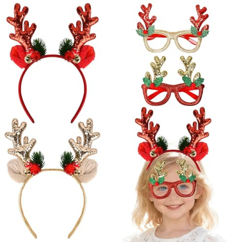 Huucozn 4 Pz Cerchietti Natalizi Occhiali Natale Set Occhiali di Natale con Glitter Cerchietti per Capelli Natal e Fascia Natalizia con Corno di Renna Occhial i di Natal e Montatura per Bambini Adulti