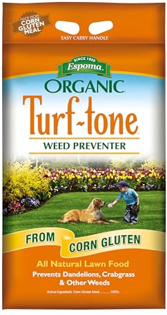 Espoma Organic Turf-Tone Weed Preventer Plus Lawn Food from 100% Corn Gluten Meal. Helps Prevent Weed Seed Establishment and Provides Organic nitrogen That Keeps lawns a deep Green Color. 25 lb. Bag