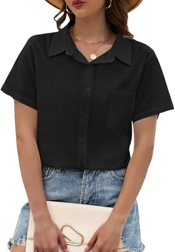 PASUDA Camicia Donna Estiva Blusa Elegante Manica Corta Cotone Lino Camicetta da Donna Maglia Estive Maglietta Casual Scollo a V con Bottoni T Shirt Tinta Unita Classico Tops (Nero, S)