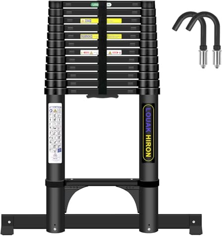 Échelle télescopique en Aluminium de 5,05 m avec Crochet - Échelle Pliante avec stabilisateur - Antidérapante - en Aluminium de qualité supérieure - Échelle Extensible Multifonction