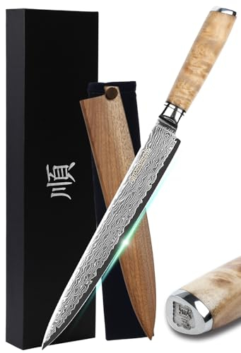 Sunlong Coltello da Sashimi Filetto di Pesce da 10 Pollici - Coltello da Sushi Giapponese in Legno di radica VG10 - Fodero in Noce con Borsa per Coltello in Flanella