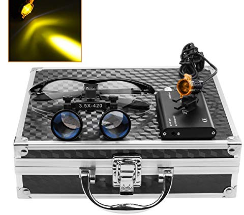 BONEW 3W LED Scheinwerfer Lampe mit Filter + 3.5x 420mm Arbeitsabstand Chirurgische Binokularlupen Optisches Glas + Aluminiumbox Schwarz